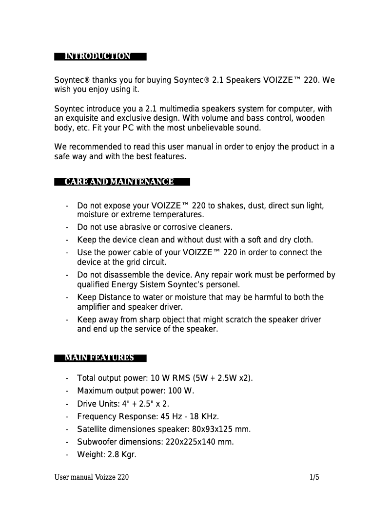 Image de la première page du manuel de l'appareil Voizze 220