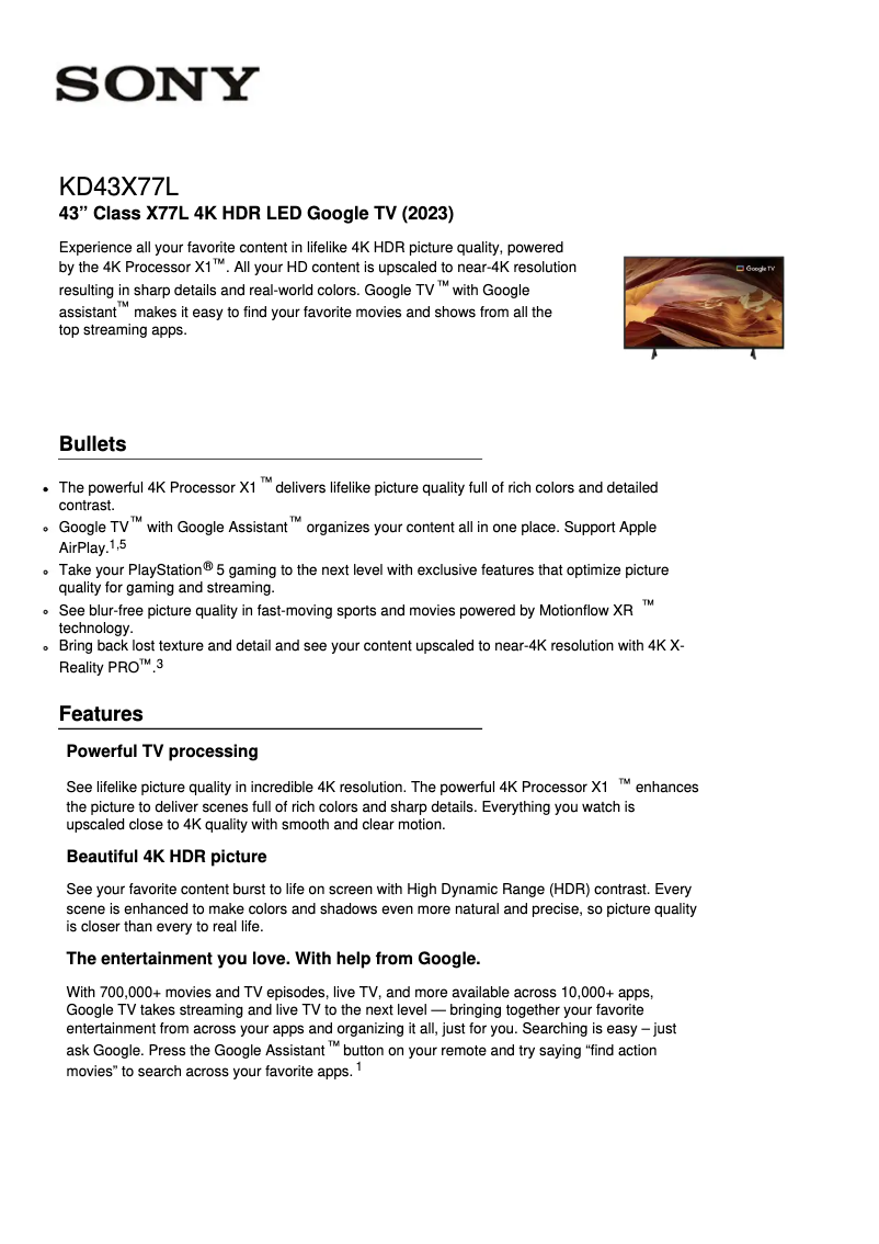 Página 1 del manual Ficha técnica Sony KD-75X77L