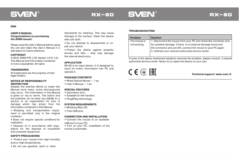 Page 1 de la notice Manuel utilisateur Sven RX-60