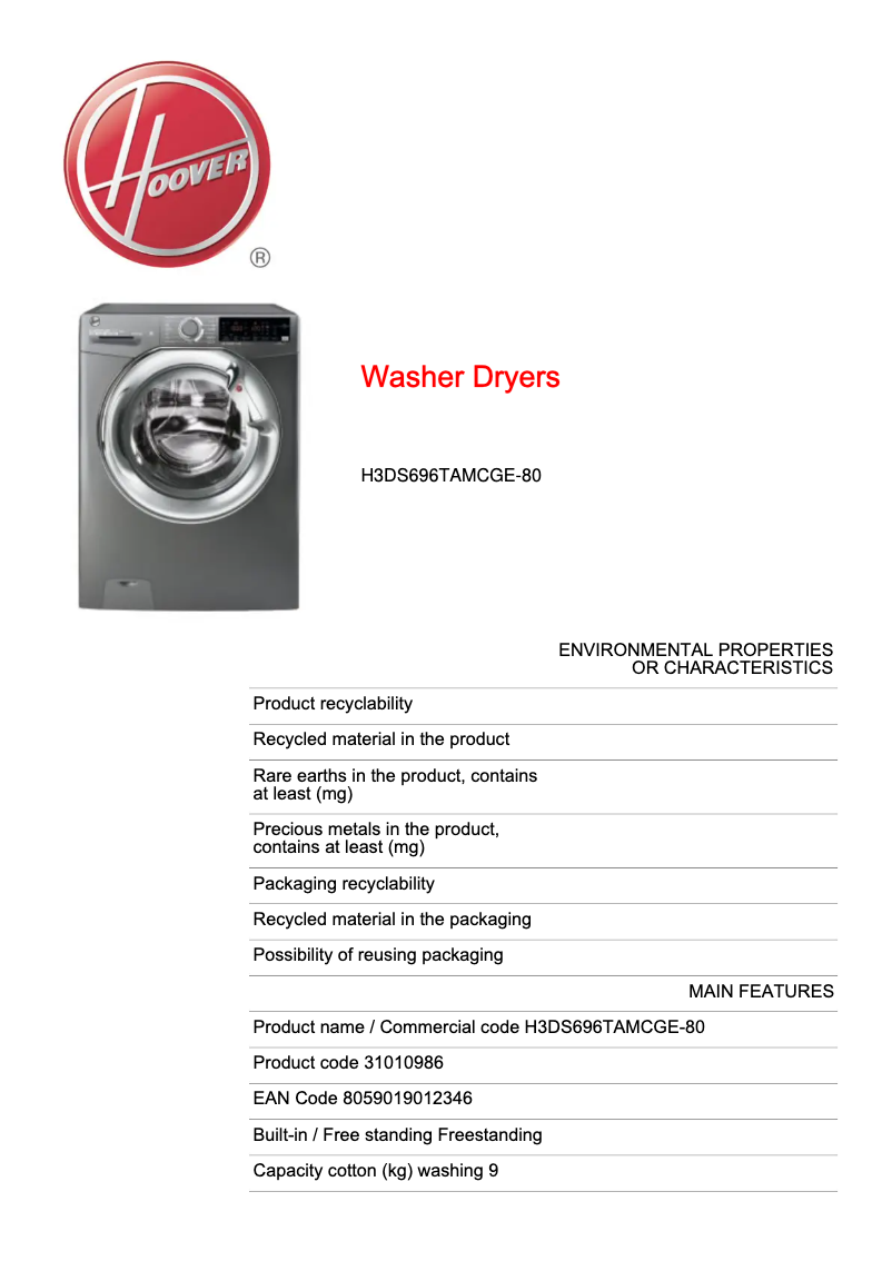Page 1 de la notice Fiche technique Hoover H-WASH&DRY 300 PLUS H3DS696TAMCGE-80