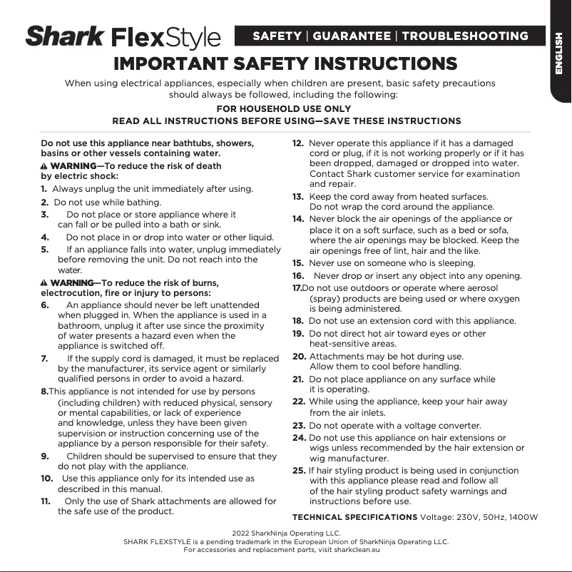 Page 1 de la notice Manuel utilisateur Shark FlexStyle HD424EU