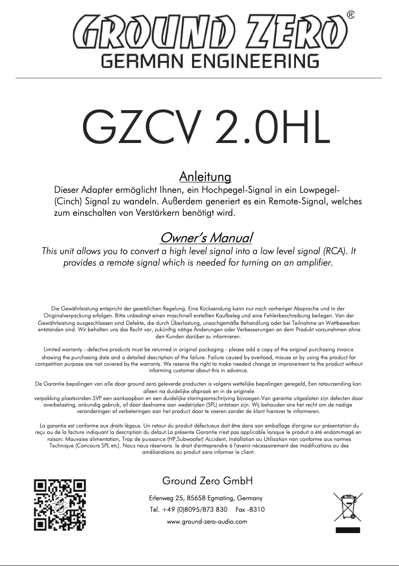 Page 1 de la notice Manuel utilisateur Ground Zero GZCV 2.0HL