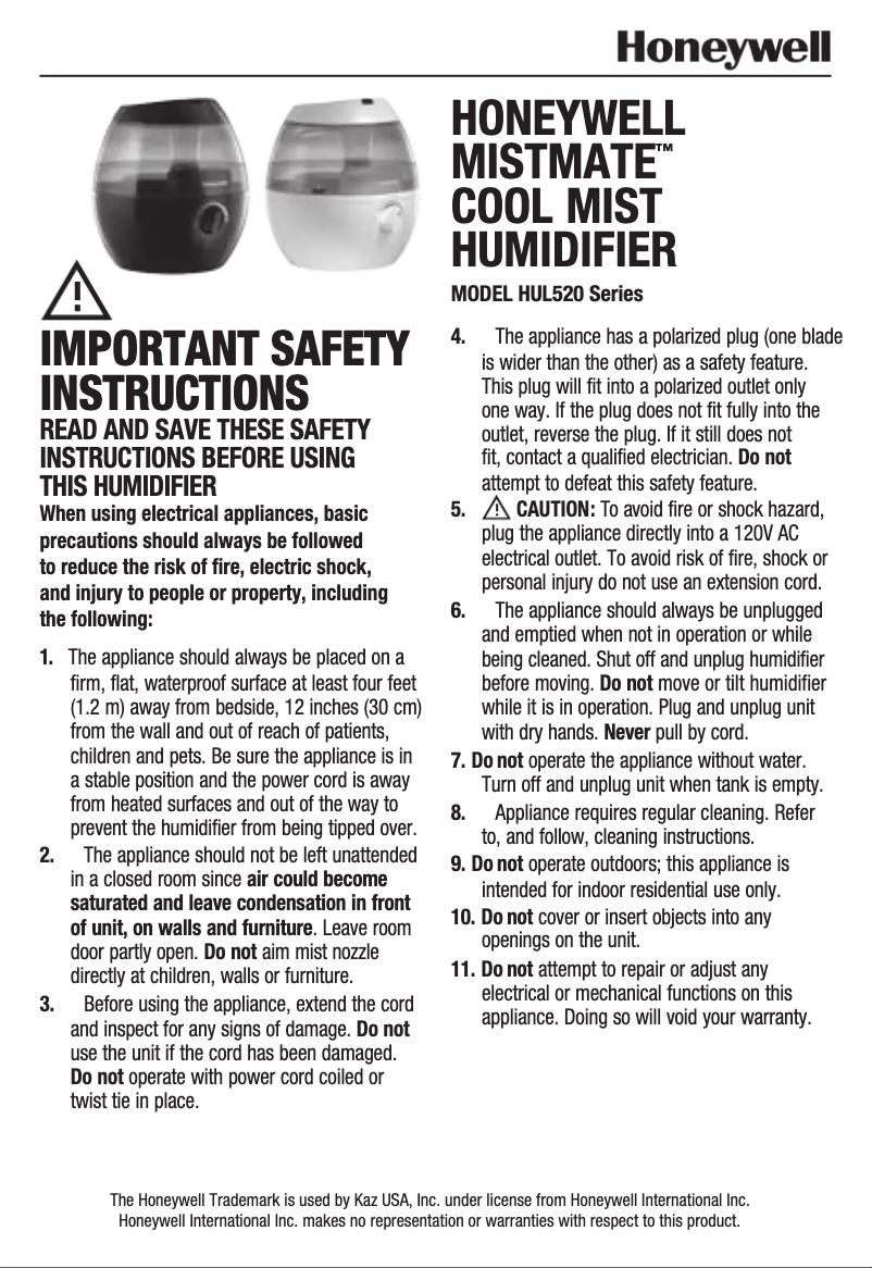 Page n°1 - Manuel utilisateur Honeywell MistMate HUL520W