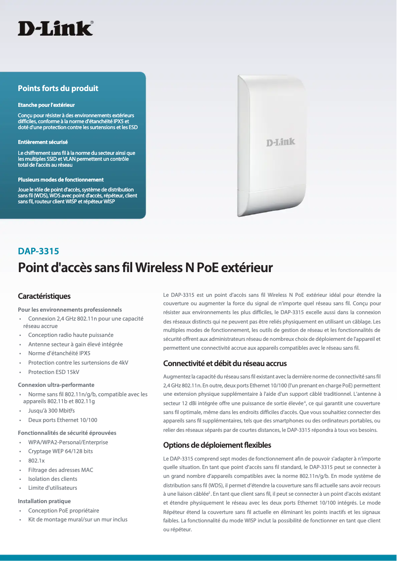 Page 1 de la notice Fiche technique D-Link DAP-3315 WLAN
