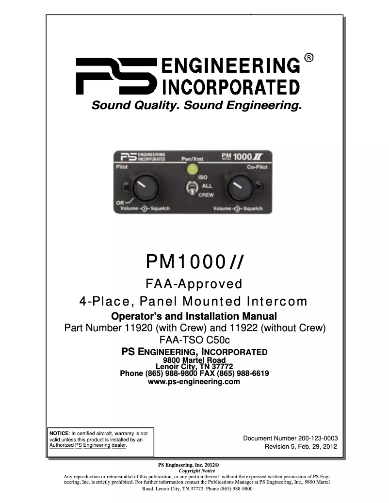 Page 1 de la notice Manuel utilisateur PS Engineering PM1000II