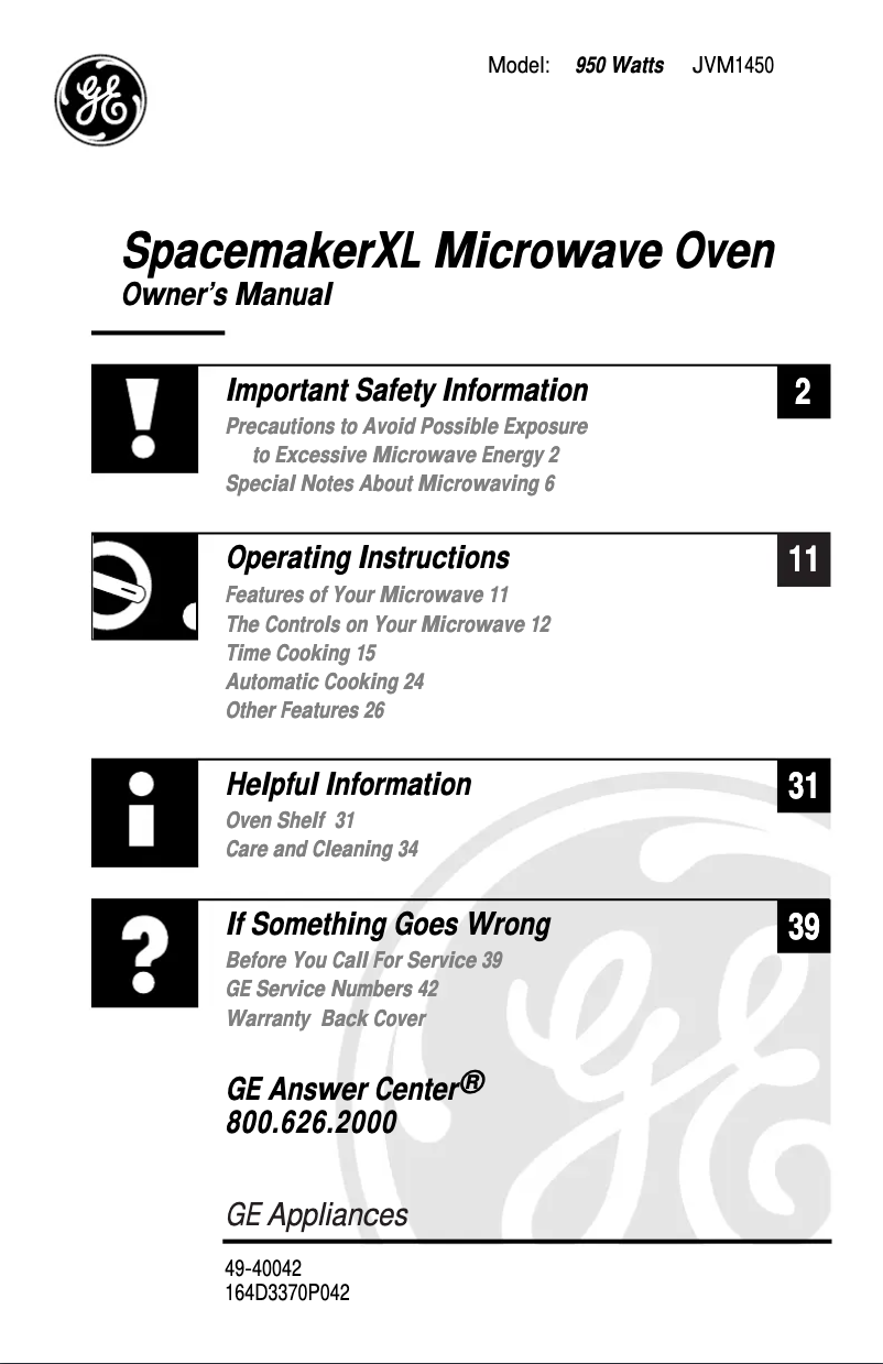 Page 1 de la notice Manuel d'utilisation et d'entretien GE JVM1450BA