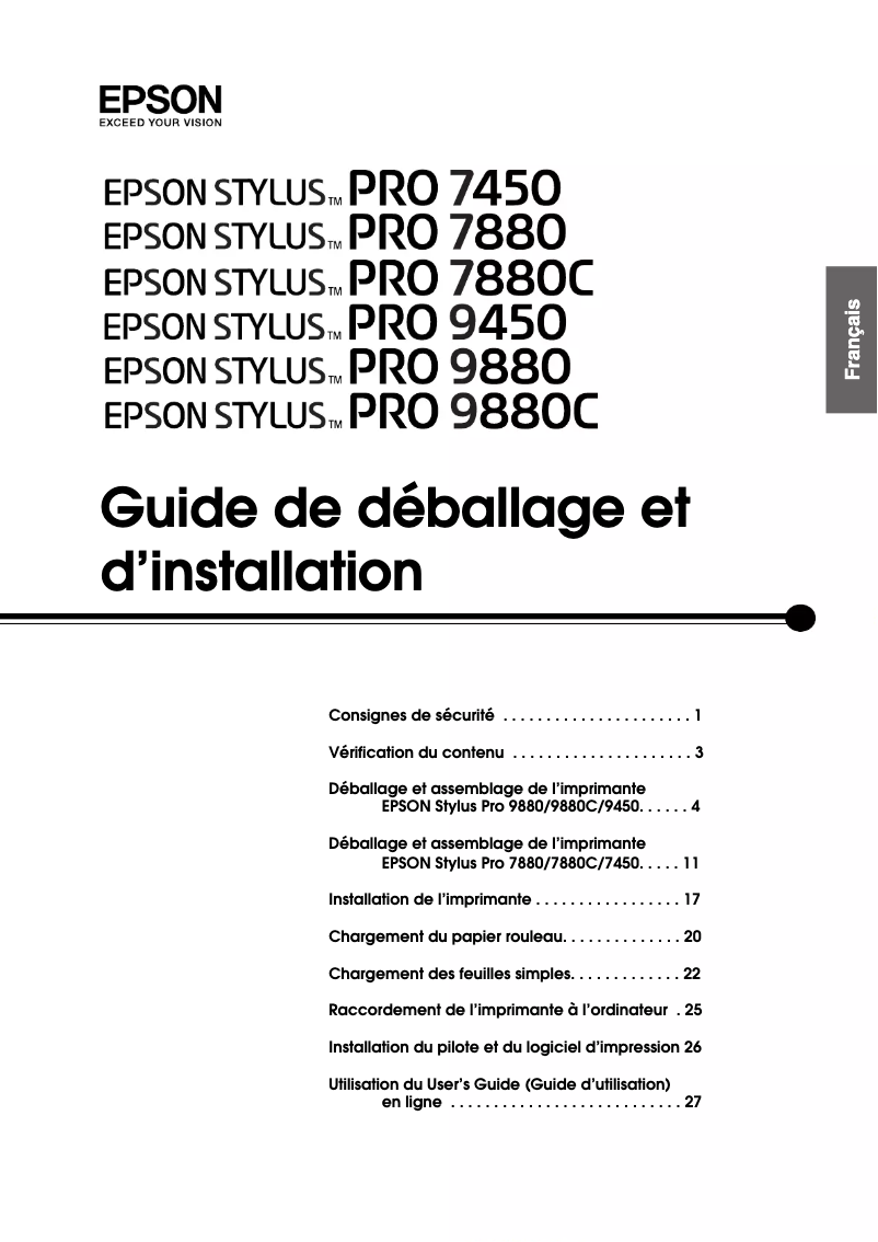 Page 1 de la notice Guide d'installation Epson Stylus Pro 7880