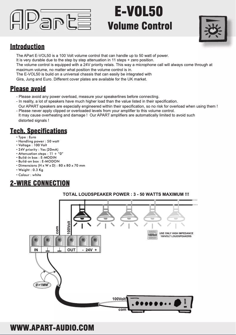 Page 1 de la notice Manuel utilisateur APart E-VOL50