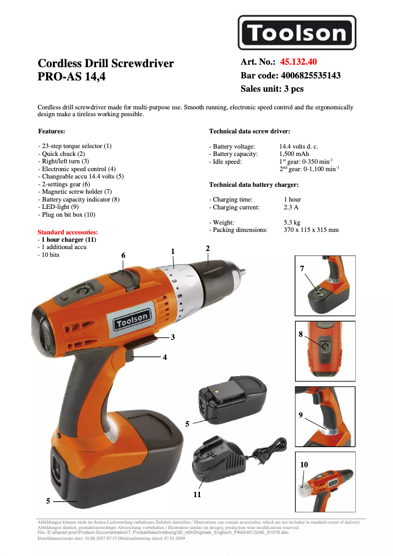 Page n°1 - Manuel utilisateur Toolson PRO-AS 14,4 Li-ion