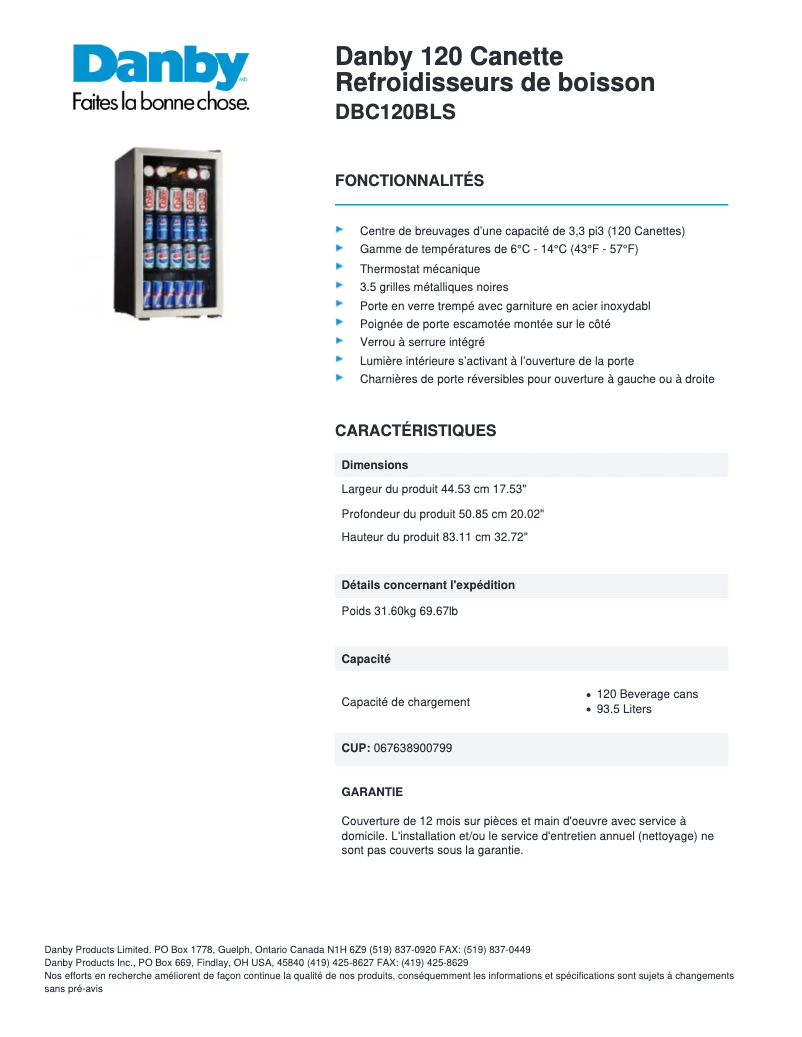 Página 1 del manual Ficha técnica Danby DBC120BLS
