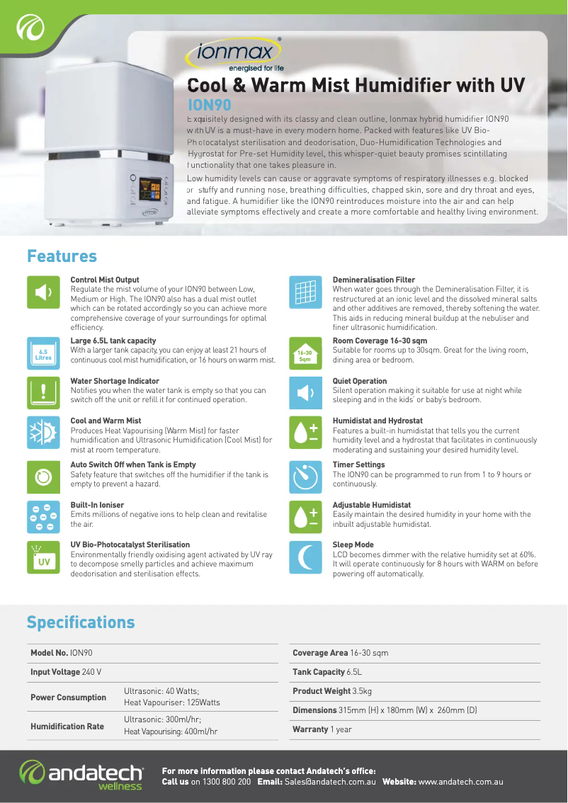 Page 1 de la notice Fiche technique Ionmax ION90