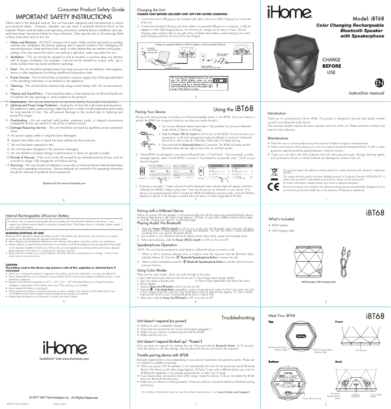 Page n°1 - Manuel utilisateur iHome iBT68