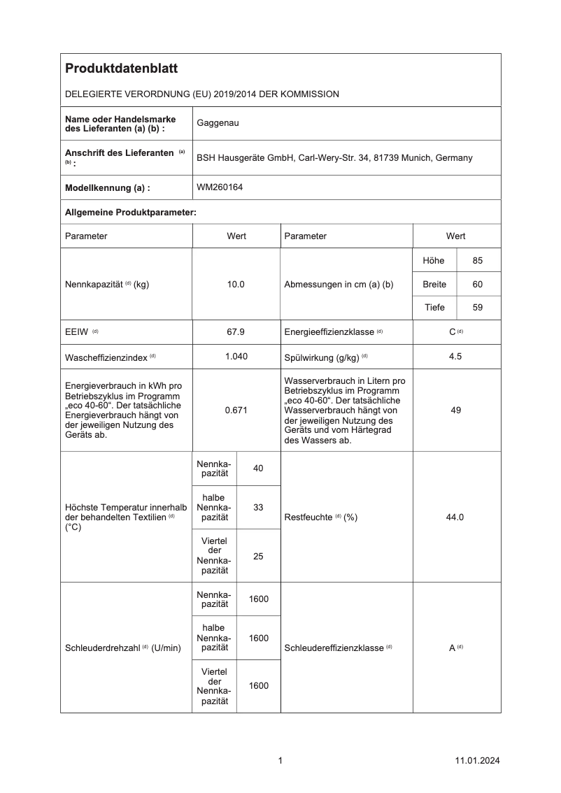 Página 1 del manual Ficha técnica Gaggenau WM260164