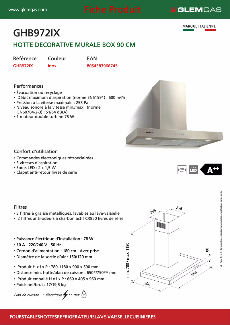 Page 1 de la notice Manuel utilisateur Glem Gas GHB972IX
