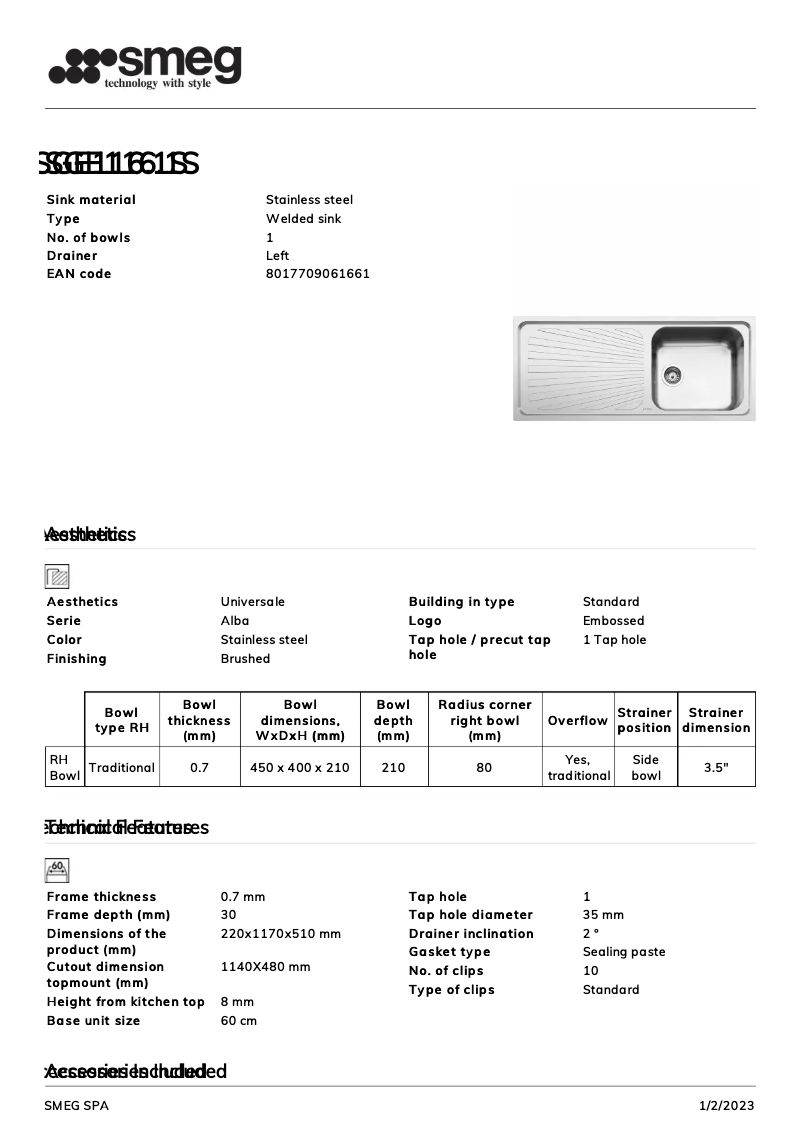 Page n°1 - Brochure Smeg SGE116.1S