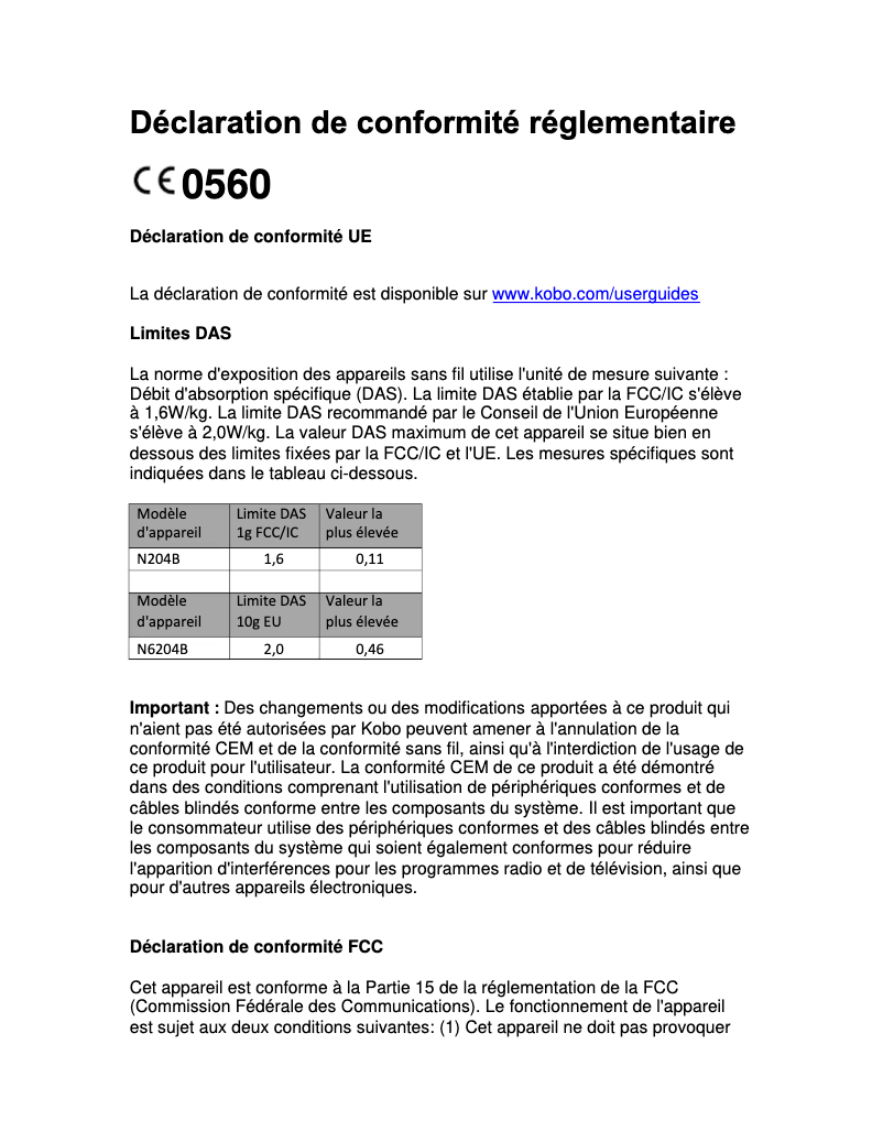 Page 1 de la notice Instructions de sécurité Kobo Aura HD