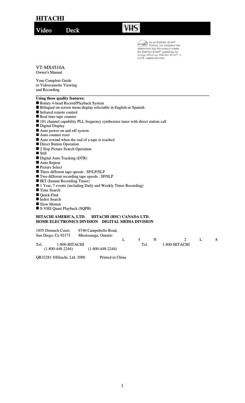 Page 1 de la notice Manuel utilisateur Hitachi VT-MX4510A