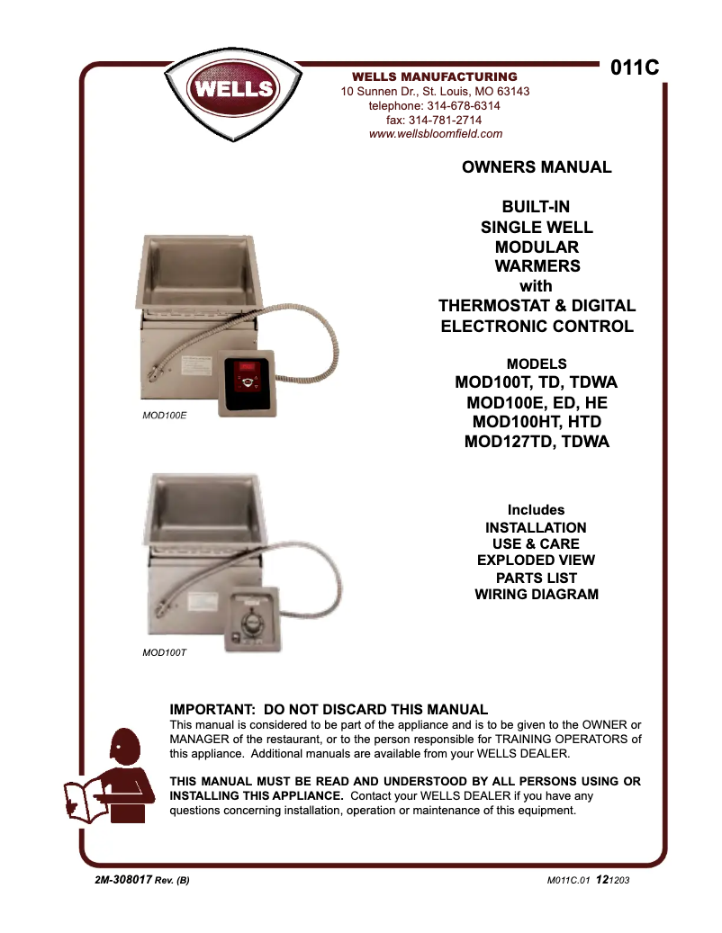 Page 1 de la notice Manuel utilisateur Wells MOD100TD