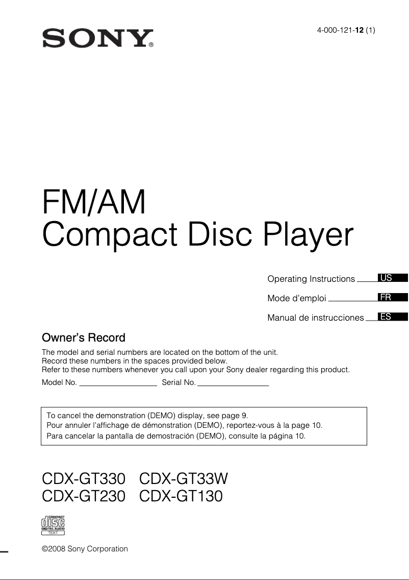 Página 1 del manual Manual de usuario Sony CDX-GT330