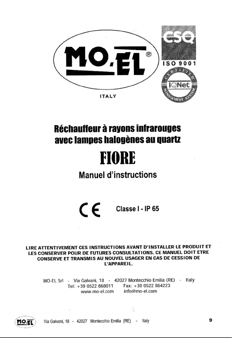 Page 1 de la notice Manuel utilisateur MO-EL FIORE 1800