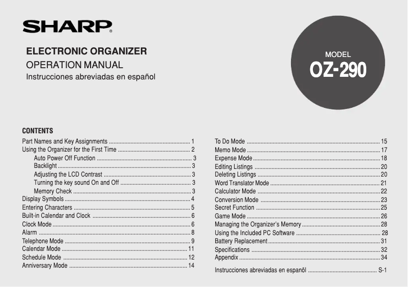 Page 1 de la notice Manuel utilisateur Sharp OZ-290