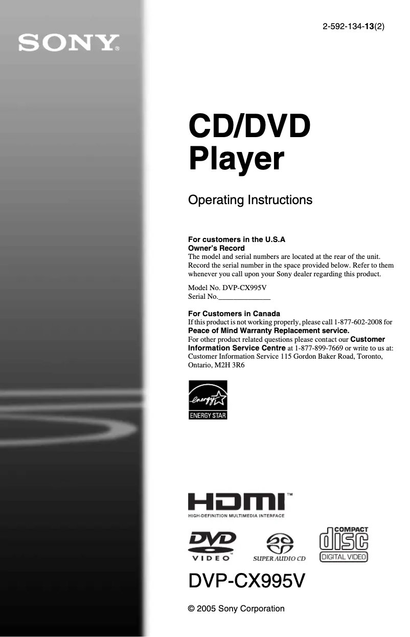 Page n°1 - Manuel utilisateur Sony DVP-CX995V