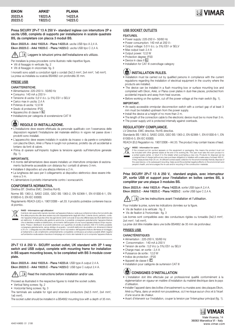 Page n°1 - Manuel utilisateur Vimar 20223.A