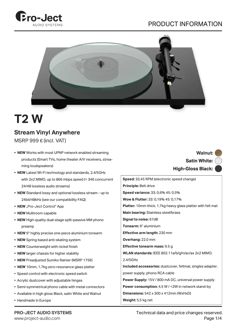 Page n°1 - Fiche technique Pro-Ject T2 W