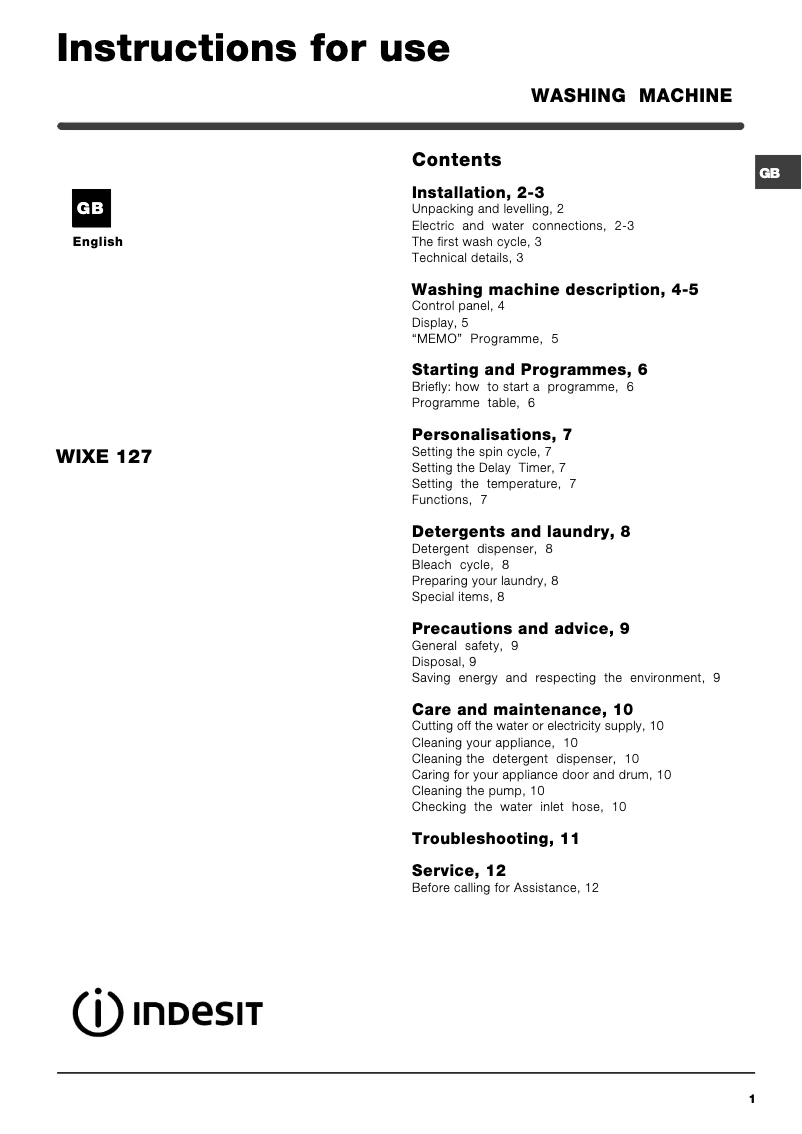 Página 1 del manual Manual de usuario Indesit WIXE 127 (UK)