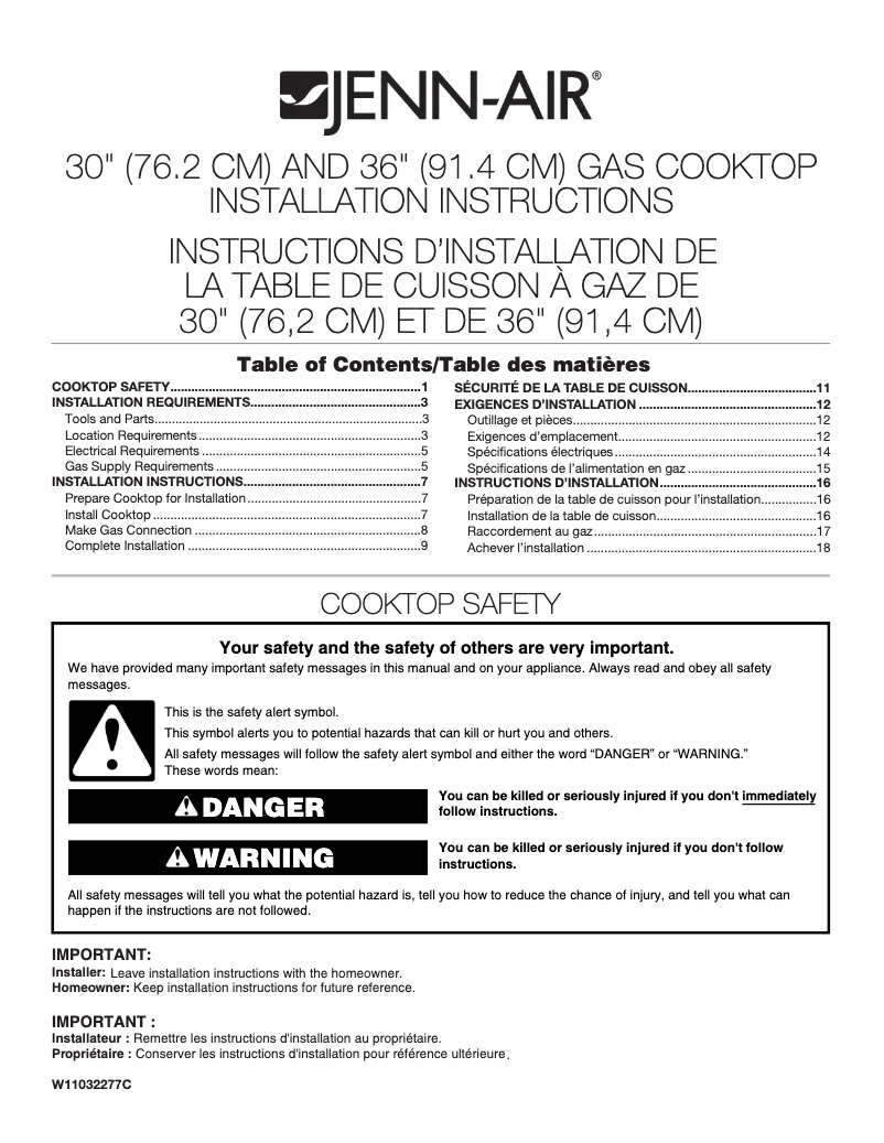 Page n°1 - Guide d'installation Jenn-Air JGC3536GS