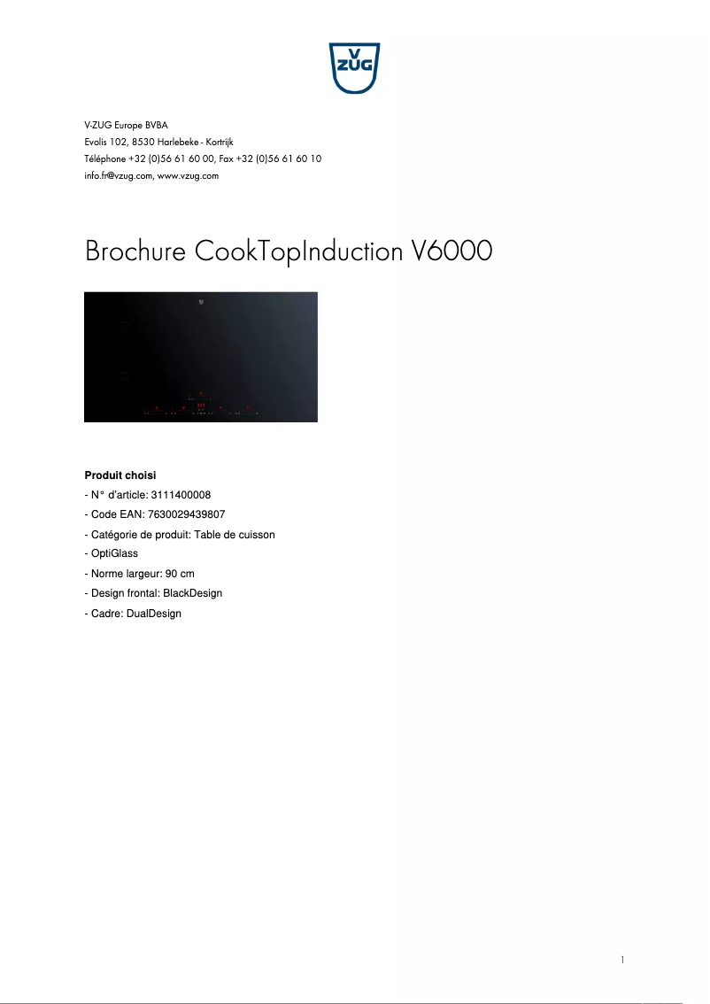 Page 1 de la notice Brochure V-Zug CookTopInduction V6000