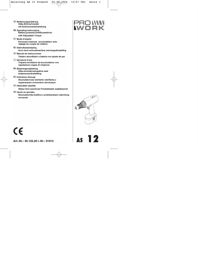 Page 1 de la notice Manuel utilisateur Prowork AS 12