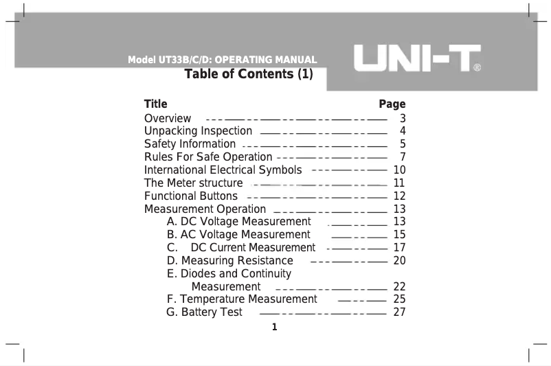Imagen de la primera página del manual del dispositivo UT33B