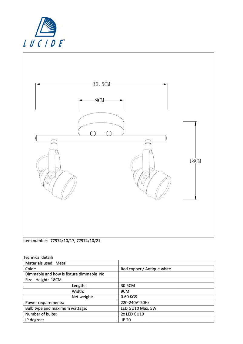 Page 1 de la notice Manuel utilisateur Lucide Cigal 77974/10/21