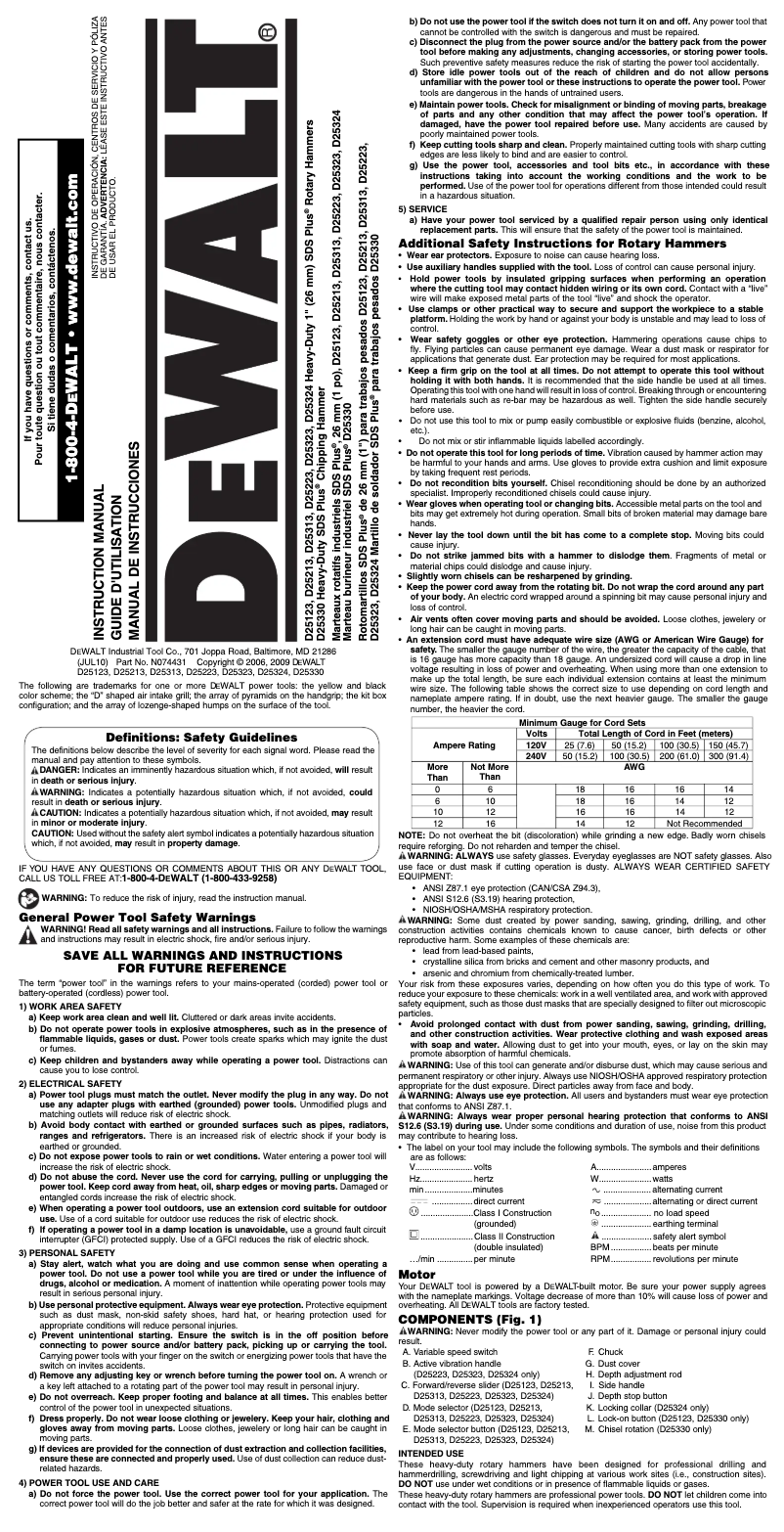 Page 1 de la notice Manuel d'utilisation et d'entretien DeWalt D25123K