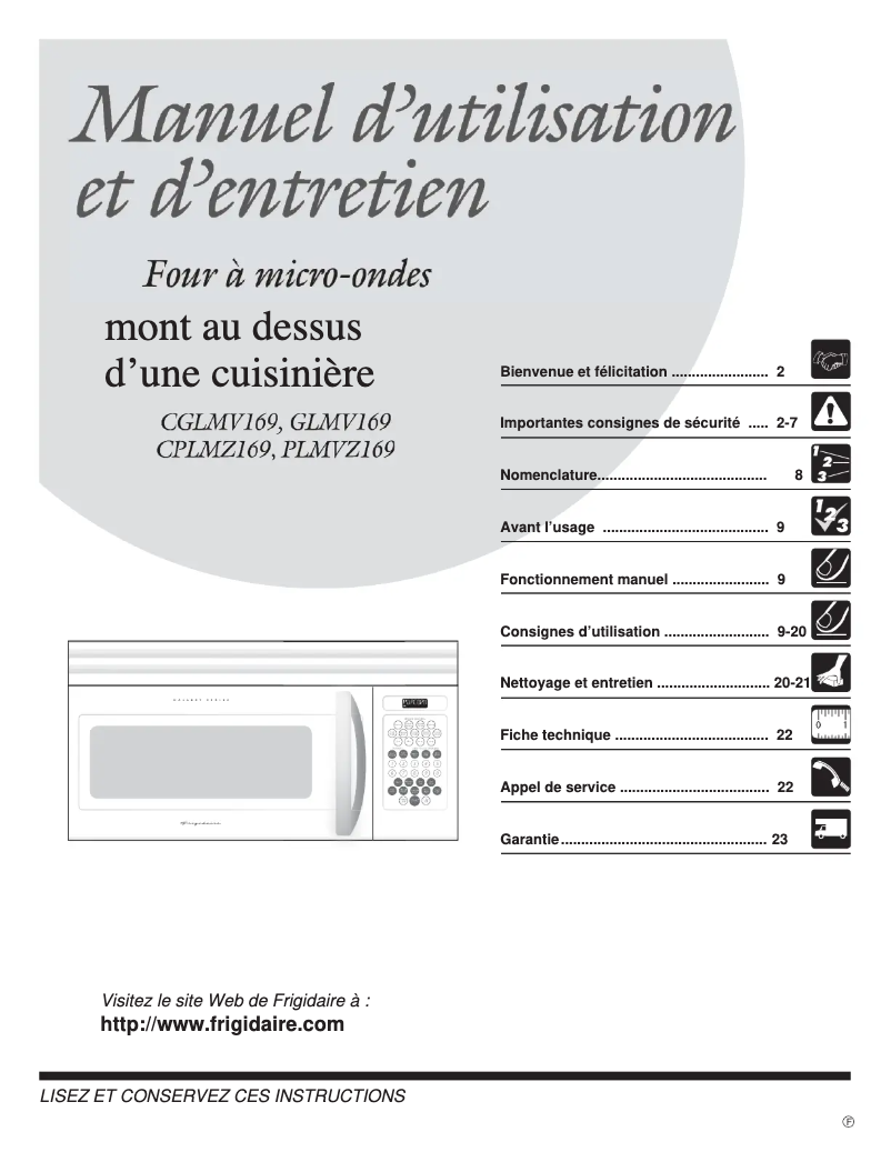 Page n°1 - Manuel utilisateur Frigidaire PLMVZ169HC
