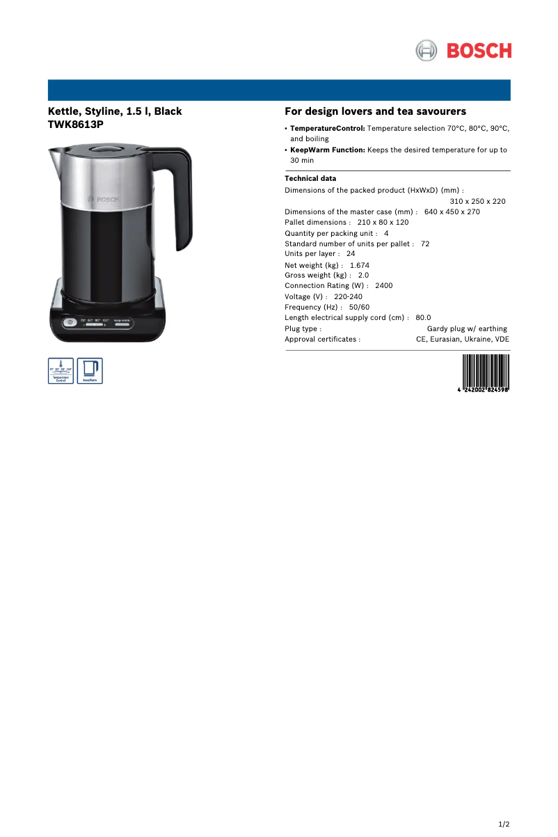 Página 1 del manual Ficha técnica Bosch TWK8613P