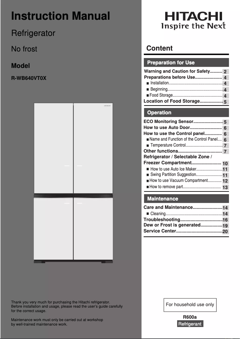 Page 1 de la notice Manuel utilisateur Hitachi R-WB640VT0X