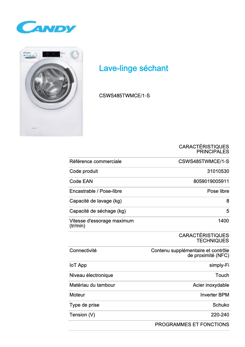 Page n°1 - Fiche technique Candy CSWS485TWMCE/1-S
