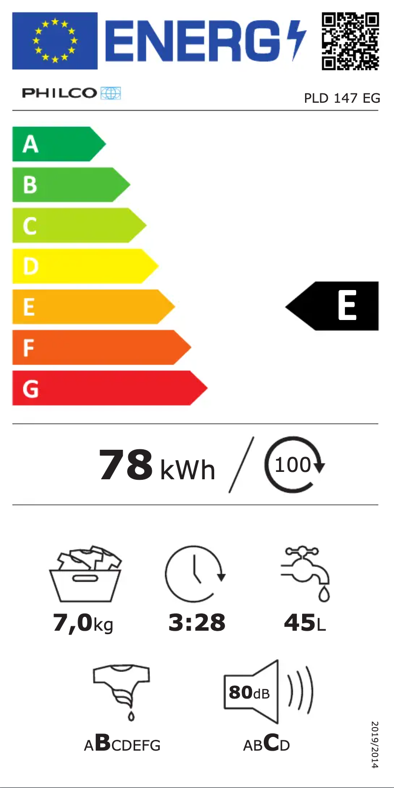 Page 1 de la notice Label énergétique Philco PLD 147 EG