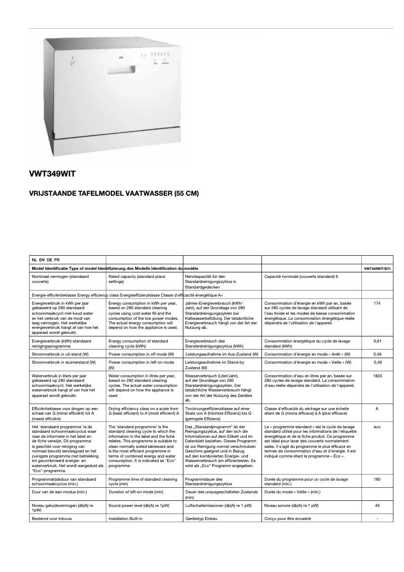 Page 1 de la notice Fiche technique Etna VWT349WIT