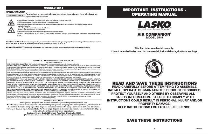 Page 1 of the manual User Manual Lasko Air Companion 3515
