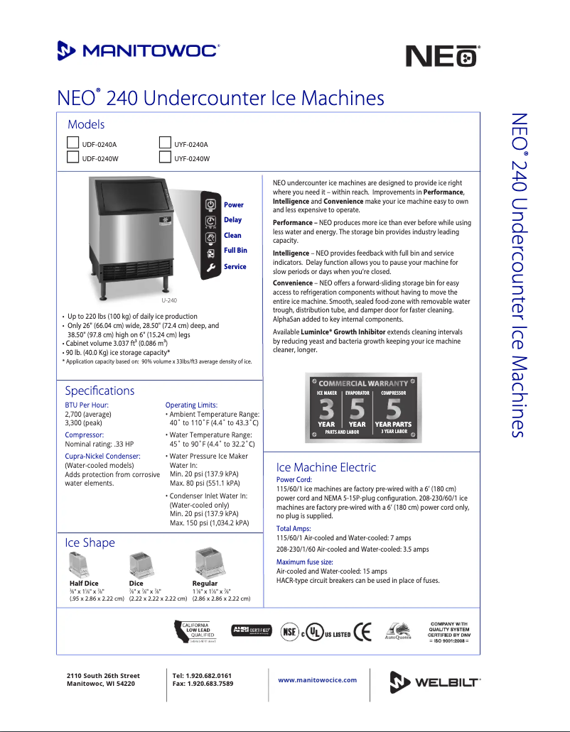 Page 1 de la notice Fiche technique Manitowoc UD-0240A