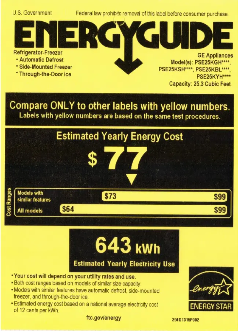 Page 1 of the manual Energy Label GE Profile PSE25KGHWW