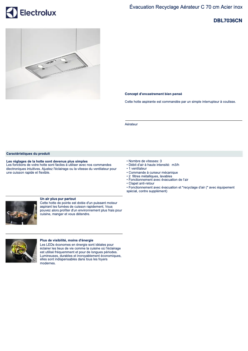 Page 1 de la notice Fiche technique Electrolux DBL7036CN