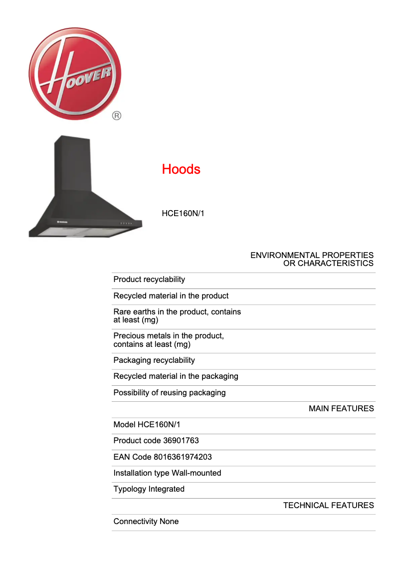 Page n°1 - Fiche technique Hoover HCE160N