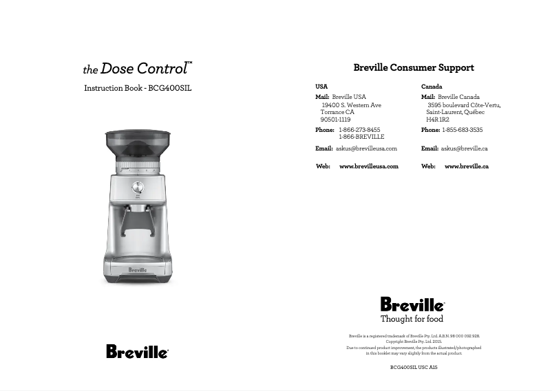 Page 1 of the manual User Manual Breville the Dose Control BCG400SIL