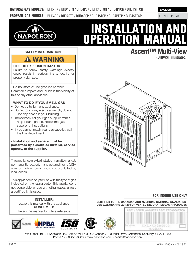Page 1 de la notice Manuel utilisateur Napoleon Ascent Multi-View BHD4PN