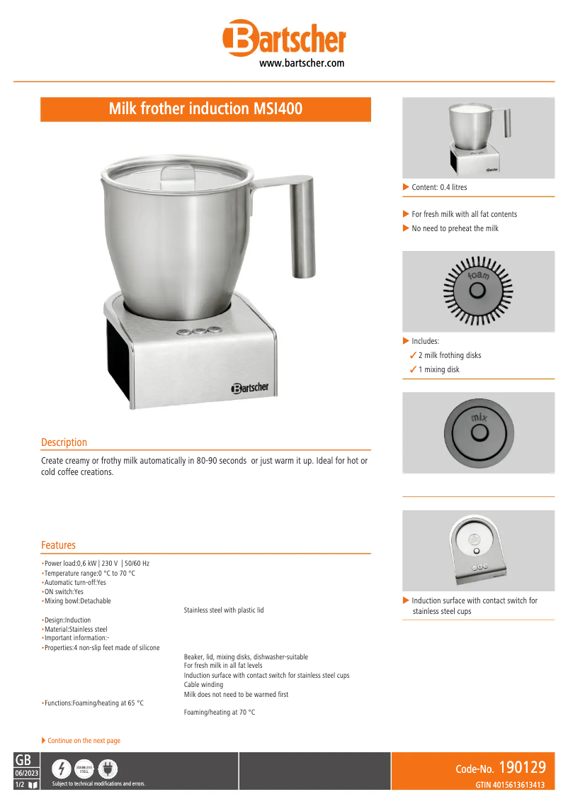 Page 1 de la notice Fiche technique Bartscher MSI400
