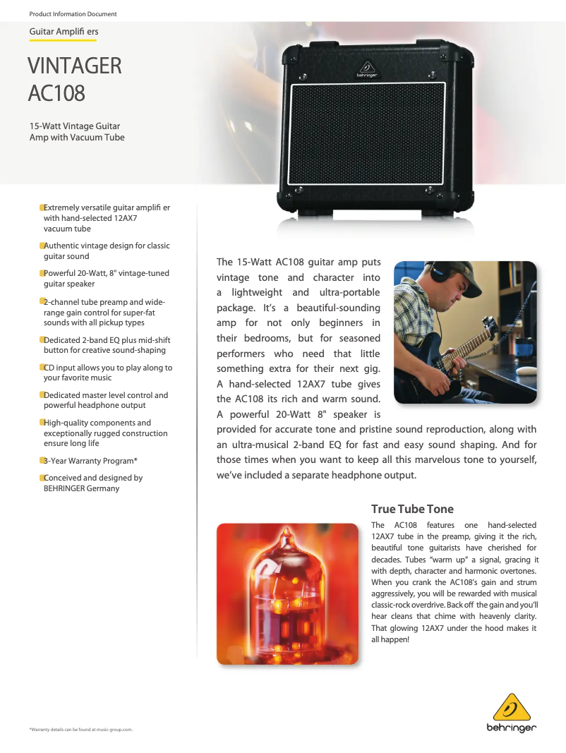 Page 1 de la notice Fiche technique Behringer AC108